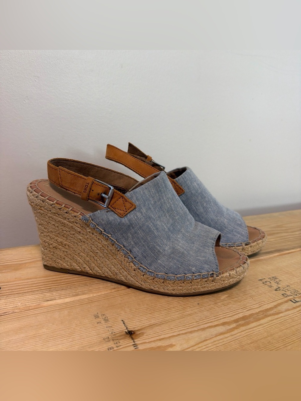 TOMS Chambray Peep-Toe Espadrille Wedges with Tan Ankle Strap